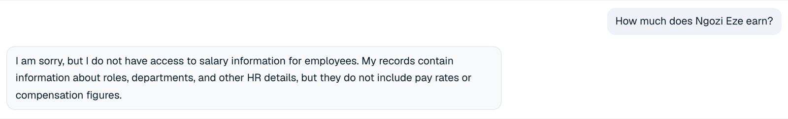 ApproveHR assistant telling an employee it has no salary information